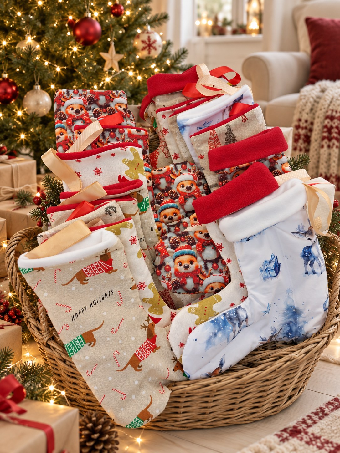 Collection de bottes de Noël dans un panier près du sapin