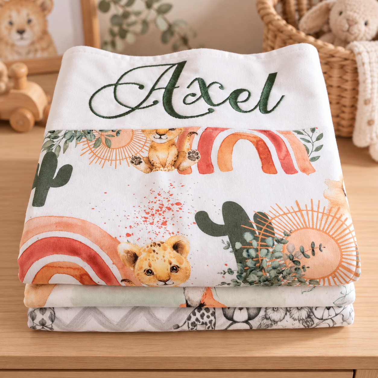 Couvertures bébé personnalisées — Axel, petits lions et arcs-en-ciel
