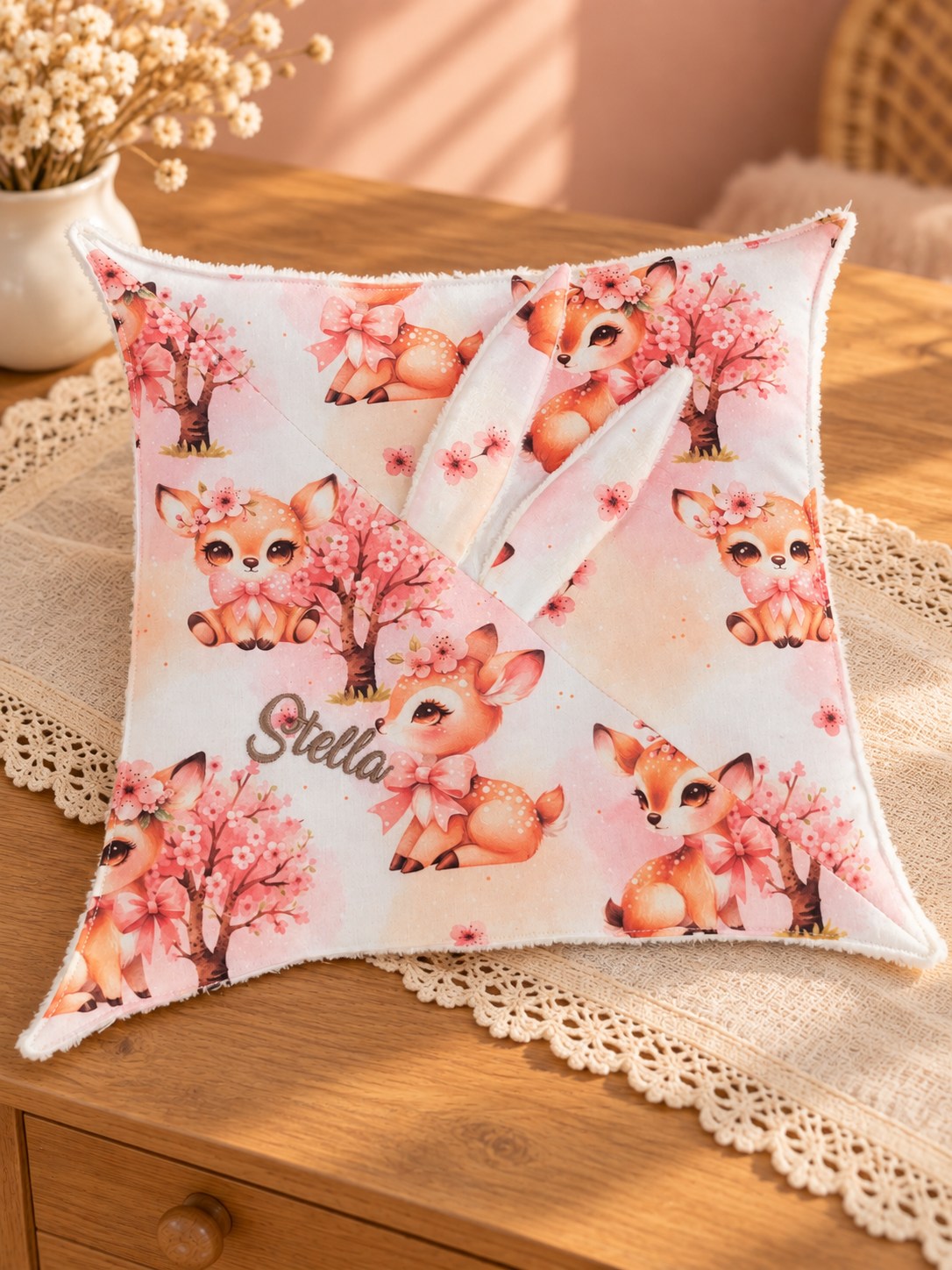 Doudou Stella brodé, aux petits faons et fleurs roses