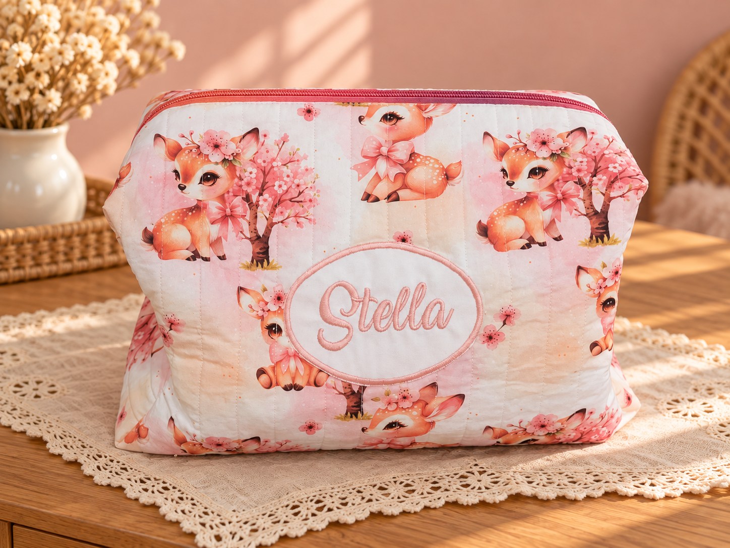 Grande trousse Stella — Faons et fleurs roses