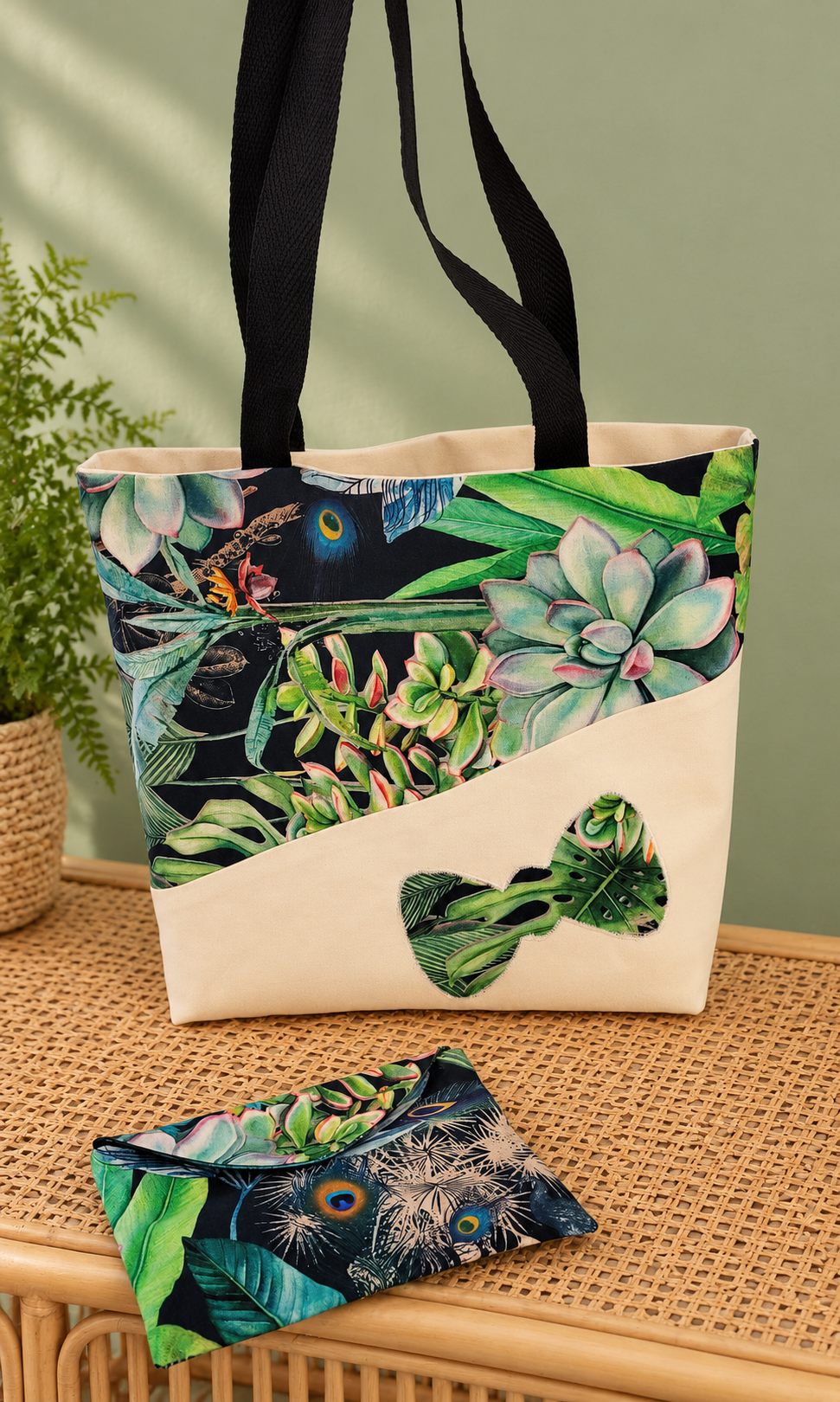 Tote bag Tropical — Feuillages et pochette assortie