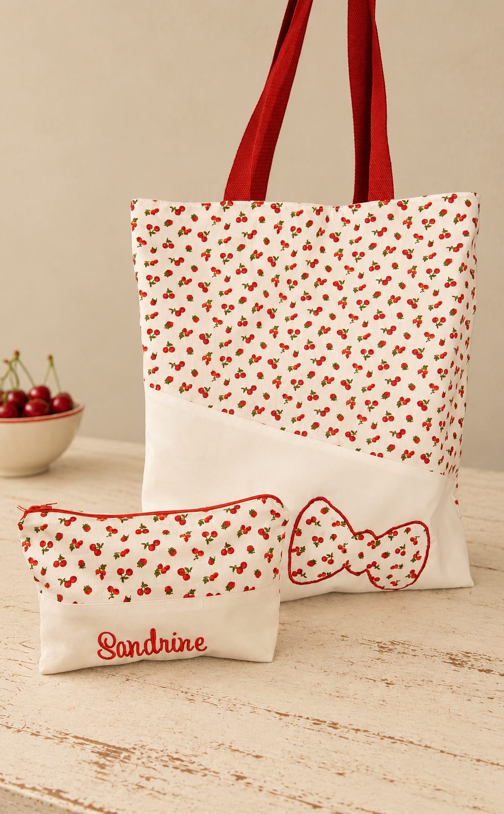 Tote bag Cerises — Nœud appliqué et pochette Sandrine