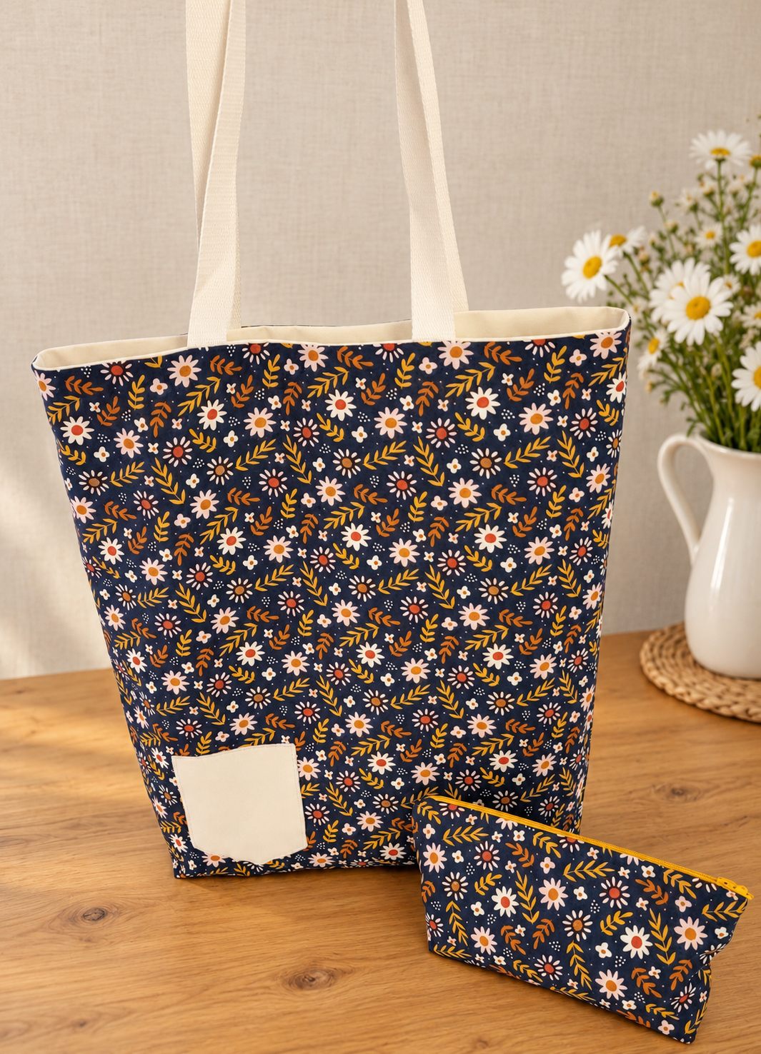 Tote bag Fleurs des champs — Petites fleurs et pochette assortie