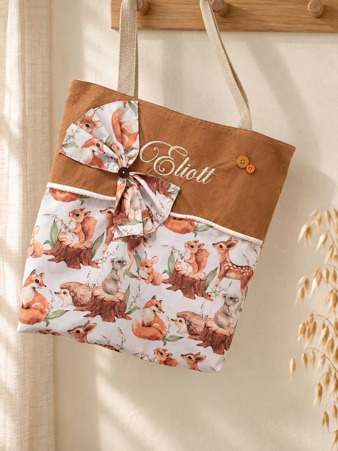 Tote bag Eliott — Animaux de la forêt et caramel