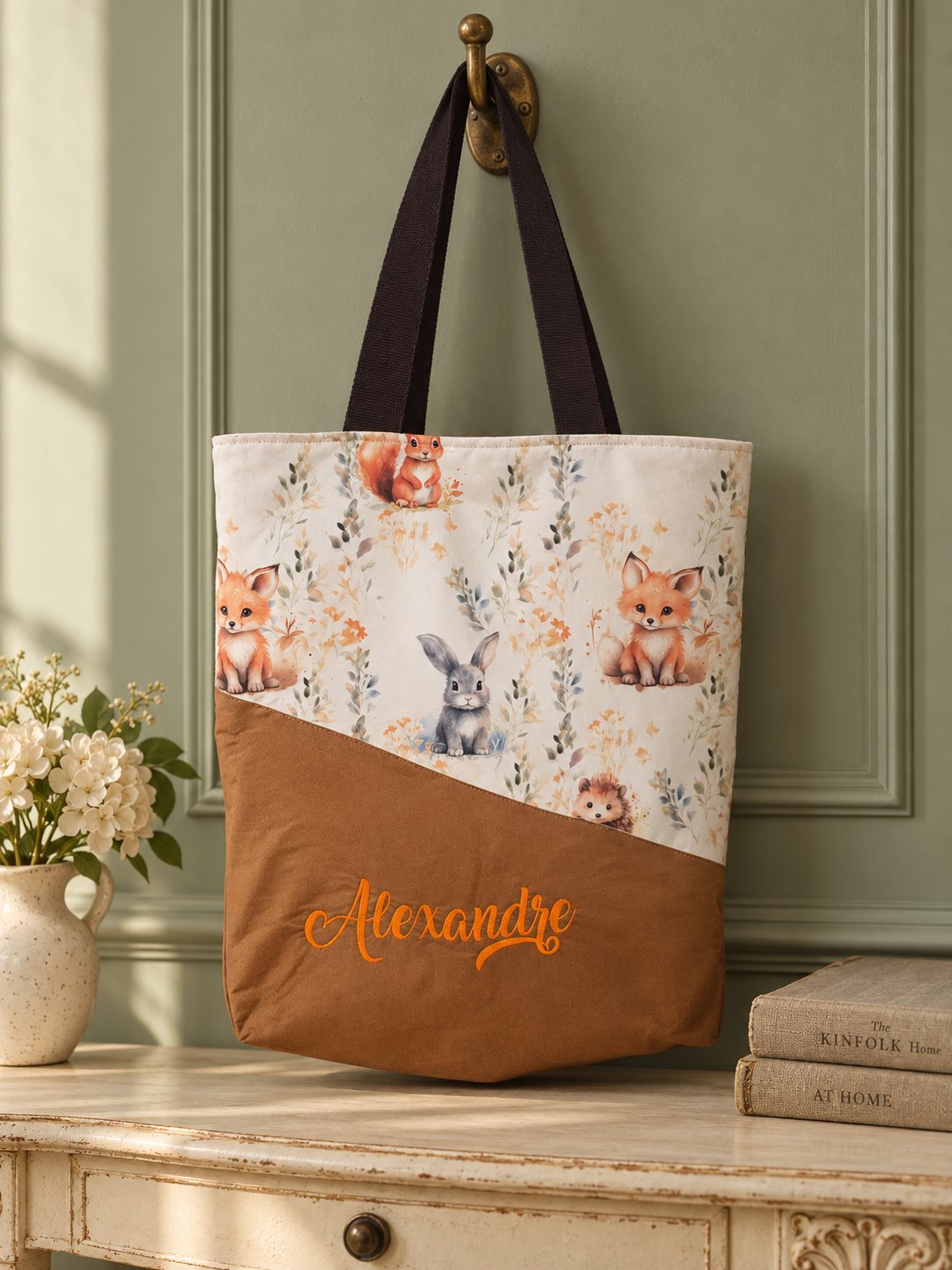 Tote bag Alexandre — Petits animaux et prénom orangé