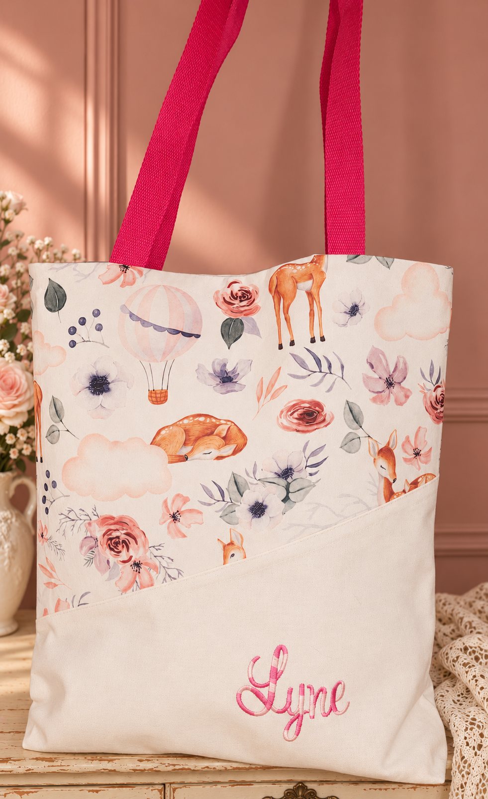 Tote bag Lyne — Faons, fleurs et pochette assortie